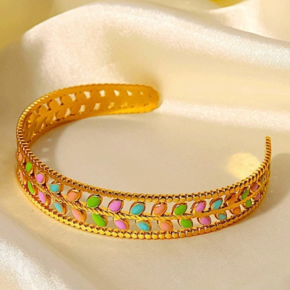 Gold Plated Leaf Design Multicolor Bangle Bracelet Ring Set - Picture 13 of 15